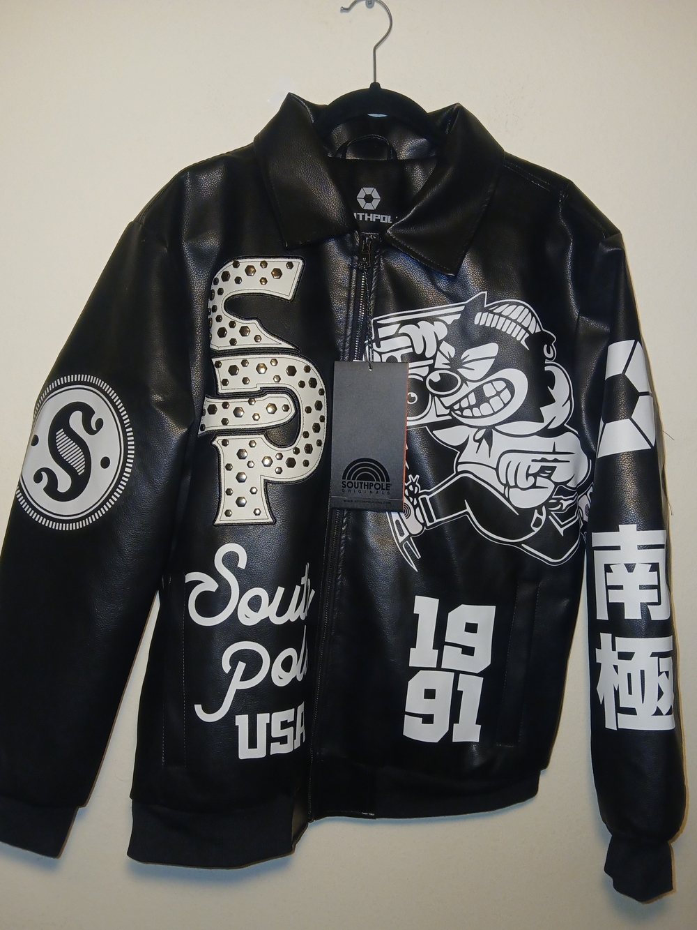 South Pole Black Graphic Faux-Leather Jacket - Mens Streetwear Size Meduim